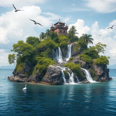 The primary subject of the image is a large rock island with a castle-like structure on top of it. The setting is a body of water, possibly an ocean, with a few birds flying around the island. The visual style appears to be a combination of photo and digital art, creating a unique and intriguing scene. The colors and mood of the image are vibrant and lively, with the blue water and the greenery of the island creating a sense of wonder and adventure.